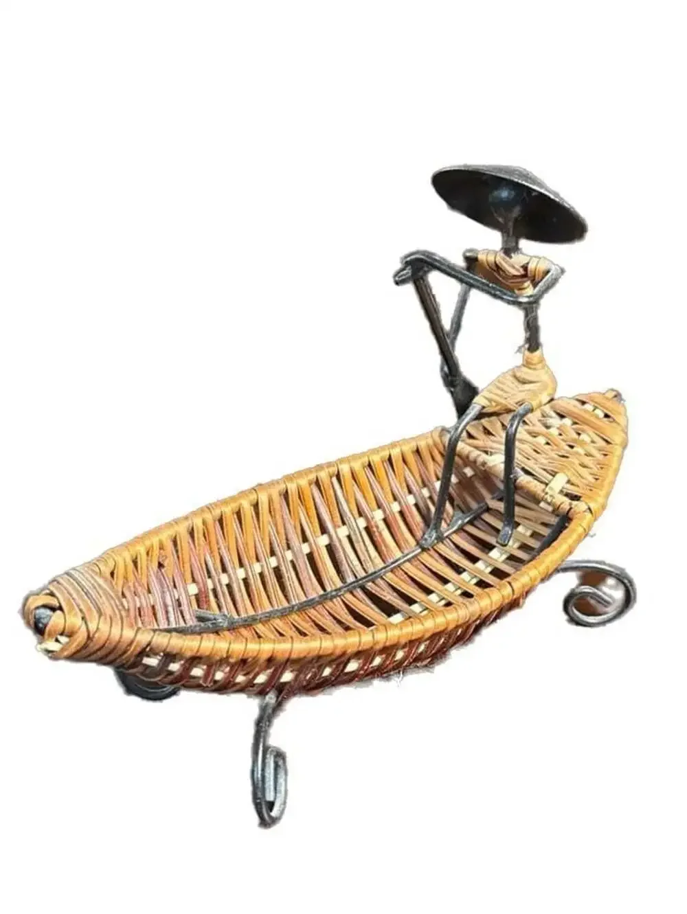 Vintage Asian Style Woven Wicker and Metal Gondola Boat Sculpture Fruit Basket